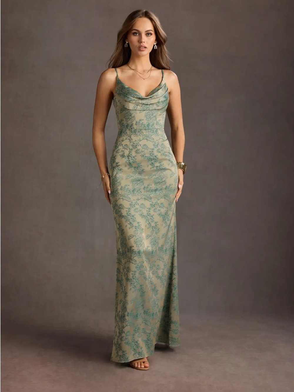 Azazie Sage Green Floral Lace-Print Cowl Slip Maxi Dress